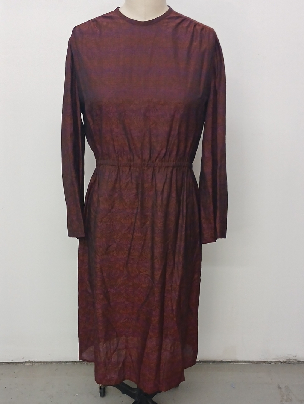 Vintage Handmade Long Sleeve Burgundy Cherry and Stripes Midi Dress
